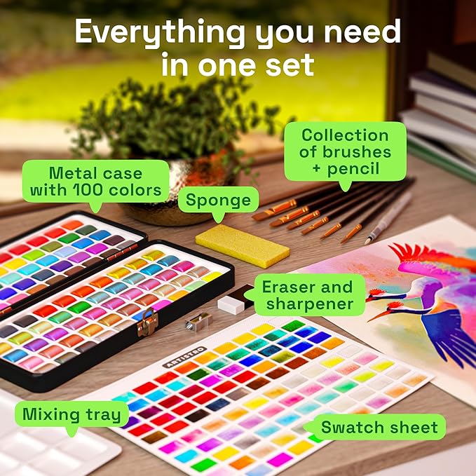 ARTISTRO 100 Color Watercolor Paint Set - Portable Paint Art Kit with Palette and Brush Pens - Travel Water Color Set for Adults, Professionals, Kids - Art and Painting Supplies - Gift Idea