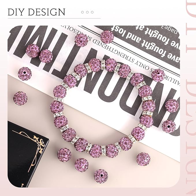 200 pcs light purple rhinestone beads for jewelry making, sparkle crystal clay christmas for bracelet baseball necklace earring crafting and diy, shiny round shamballa disco ball beads bulk