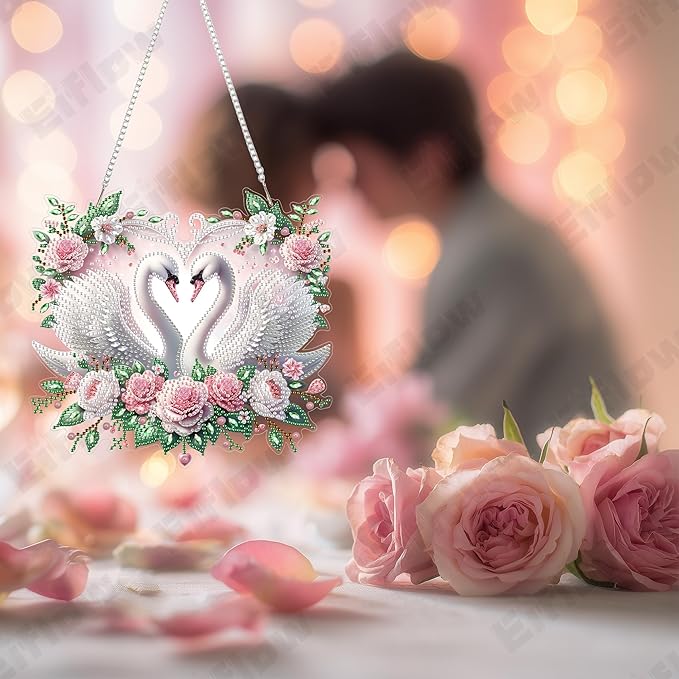 Eiflow Acrylic Diamond Art Hanging Kit for Adults Love, DIY Diamonds Painting Door Hanger Board Kit, Special Crystal Diamond Art Painting Pendant Ornament (Swans)