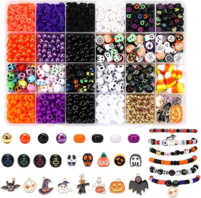 UPINS 2100PCS+ Halloween Beads Bracelet Making Kit, Halloween Clay Beads Spacer Beads for Jewelry Making, Polymer Clay Pony Letter Beads Charms for DIY Jewelry Projects