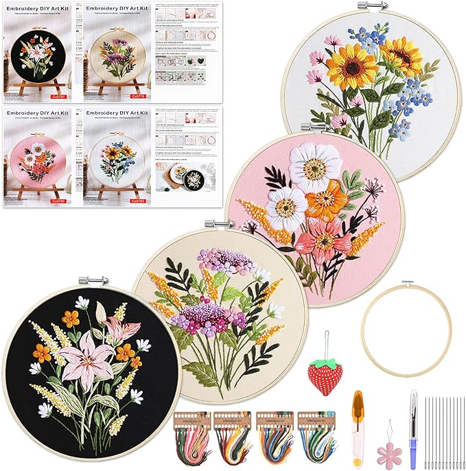 WKALXJ 4 Sets Embroidery Kits for Beginners Cross Stitch Kits Needlepoint Kits Crafts for Adults with Tools, Threads, Instructions, Needle Point Kits with Flower Stamped Patterns (Flowers B)