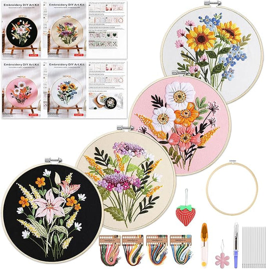 WKALXJ 4 Sets Embroidery Kits for Beginners Cross Stitch Kits Needlepoint Kits Crafts for Adults with Tools, Threads, Instructions, Needle Point Kits with Flower Stamped Patterns (Flowers B)