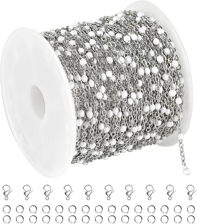 UMAOKANG 10 Meters Stainless Steel Jewelry Chains Bulk White Enamel Bead Necklace Bracelet Chain for Jewelry Making Jewelry Findings