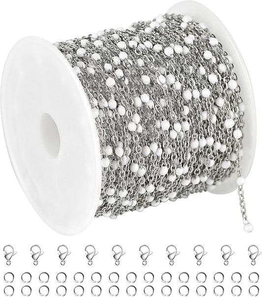 UMAOKANG 10 Meters Stainless Steel Jewelry Chains Bulk White Enamel Bead Necklace Bracelet Chain for Jewelry Making Jewelry Findings