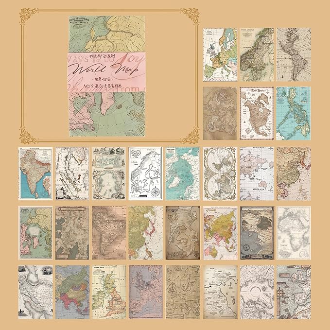 60 Sheets Junk Journal Ephemera Kit, 30 Unique Vintage Scrapbook Paper Patterns for Bullet Journal, Planner Supplies, 3x2 inch (80x50mm) Collage Material (World Map)