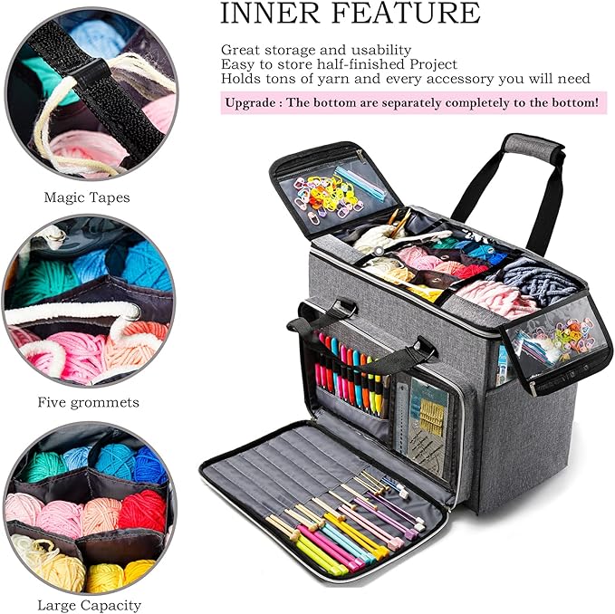 Knitting Bag, Large Yarn Storage Organizer, Crochet Bags and Totes, Yarn Bags for Crocheting, Yarn Holder Case for Knitting Needles, Crochet Hooks, Knitting Accessories, Unfinished Project, Grey.