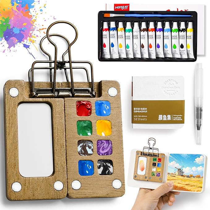 Mini Watercolor Paint set, Portable Watercolor Paint Travel Set, 12 Color Pocket Artist Watercolor Travel Kit with Picture Book, 8 Grids Portable Wooden Paint Palette for Painters, Artists, and Students