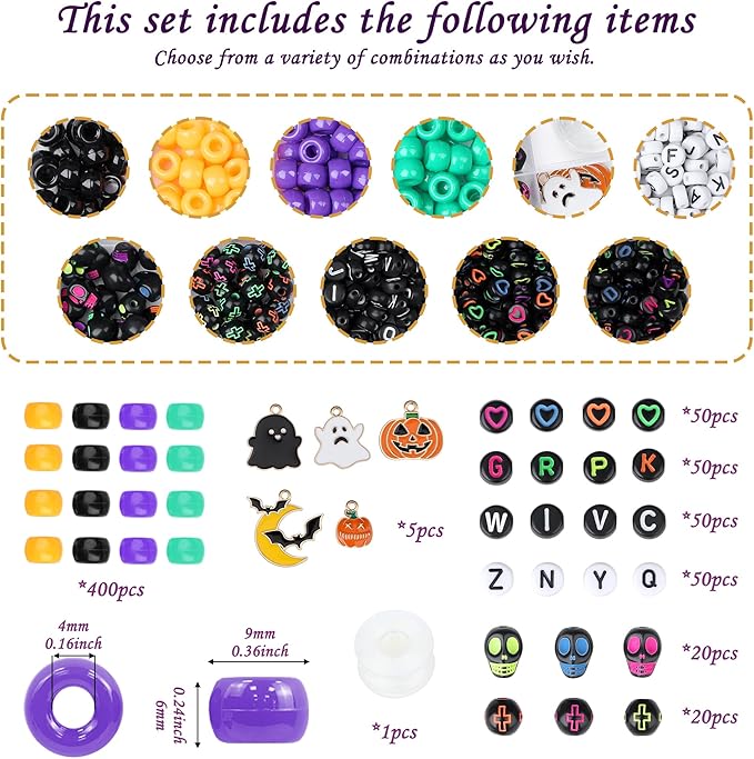 Sahoottie 640 Pcs Halloween Bracelet Kit, Halloween Beads for Bracelet Jewelry Making Kit, Orange Black Green Purple Pony Beads for DIY Craft Necklace Charm