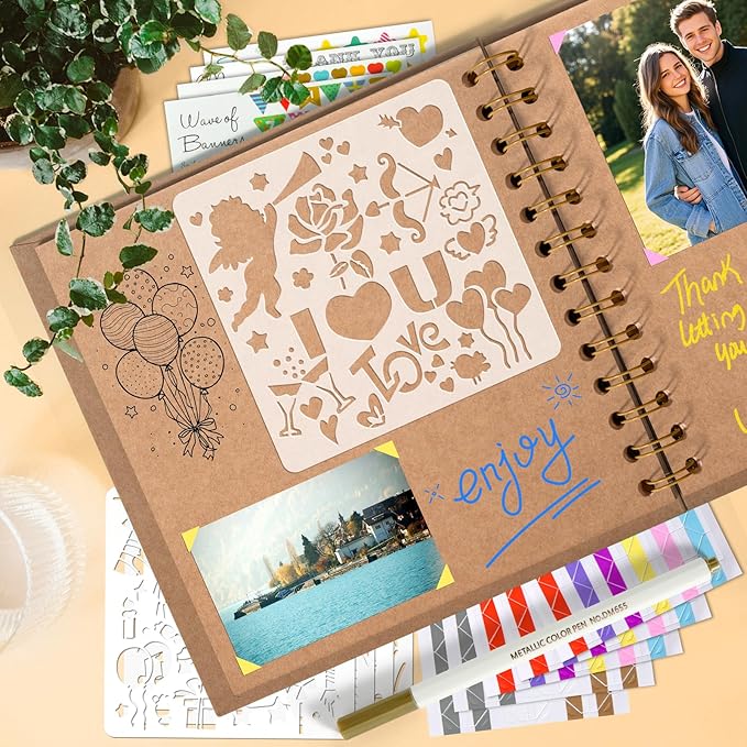GOTIDEAL 7 x 7 Inch Scrapbook Album with Metallic Markers,40 Pages Kraft Paper Photo Albums for Wedding&Anniversary,Family DIY Scrap Books with Scrapbooking Stickers Corners(Yellow)