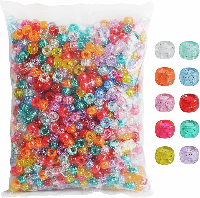 simetufy 1200 pcs pony beads 6x9mm glitter clear plastic beads transparent beads with sparkling glitter assorted 10 colors for diy craft jewelry bracelets making, hair braiding, keychains ornaments