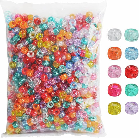 simetufy 1200 pcs pony beads 6x9mm glitter clear plastic beads transparent beads with sparkling glitter assorted 10 colors for diy craft jewelry bracelets making, hair braiding, keychains ornaments