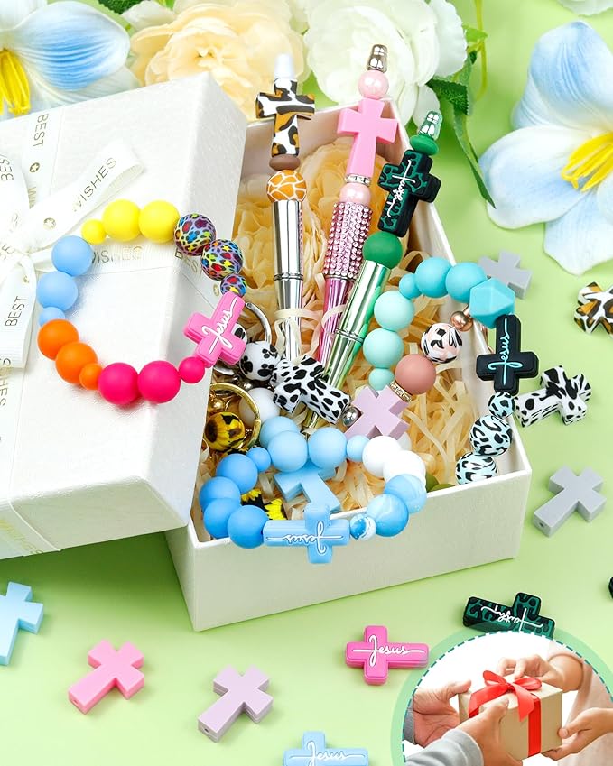 12Pcs Cross Silicone Focal Beads for Pens, Leopard Cross Shaped Rubber Charms, Jesus Beads for Beaded Pen, Bracelet, Necklace, Keychain Making Accessories