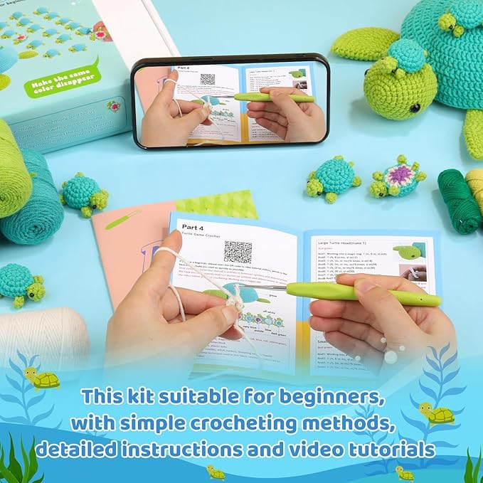 FOUSNOW Crochet Kit for Beginners, 21 Pcs Turtles Family Crochet Animal Kit for Adults, Memory Matching Game, Crochet Start Kit with Step-by-Step Video Tutorials, Accessories, Craft Art