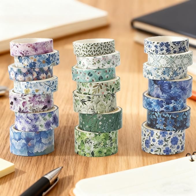 21 Rolls Floral Washi Tape Set - Vintage Floral & Leaf Pattern Decorative Tape for Scrapbooking, Journaling, Junk Journal, Craft Supplies, Gift for Handmade Lovers