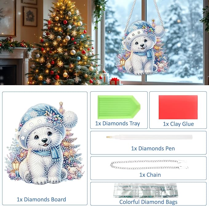 SENQAO Bear Diamond Art Hanging Kits for Adults Kids, Christmas Diamond Art Suncatchers, 5D Special Shape Diamond Painting Pendant Window Ornament Gifts for Home Garden Door Wall Decor