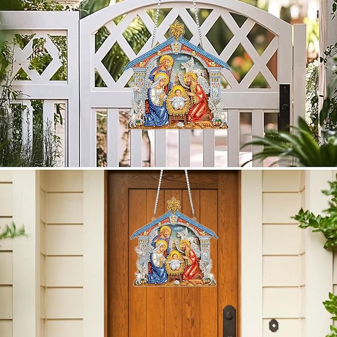 MXJSUA Diamond Art Hanging Kits for Adults Beginners, DIY Acrylic 5D Special Shaped Crystal Diamond Gem Art Painting Hanging Ornament for Home Wall Decor and Gift (Nativity Holy Family)