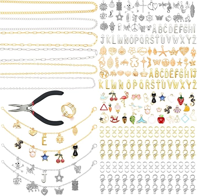 LuneClat Gold Sliver Chain Charm Bracelet Making Kit - Including 6 Chains with 142Pcs Pendants, Bulk Set with 400Pcs Jump Rings 50Pcs Lobster Clasps Pliers for DIY Crafts Lovers