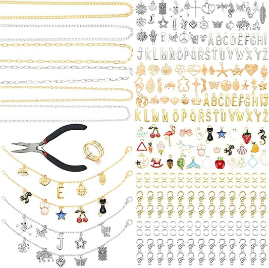 LuneClat Gold Sliver Chain Charm Bracelet Making Kit - Including 6 Chains with 142Pcs Pendants, Bulk Set with 400Pcs Jump Rings 50Pcs Lobster Clasps Pliers for DIY Crafts Lovers
