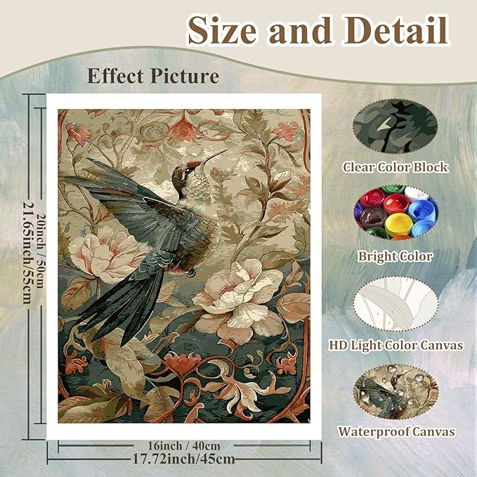 HMZephitiquc Hummingbird Paint by Number, Hummingbird Paint by Numbers Kit for Adults, Painting by Numbers for Adults, Acrylic Oil DIY Crafts for Gift Home Decor 16x20 in