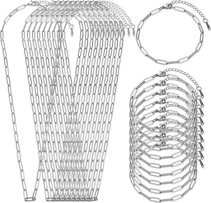SMYHTGLIF 20 Pack Stainless Steel Bulk Necklace Bracelet Chain for Jewelry Making 4mm Paperclip Necklace Bracelet Chains for Women