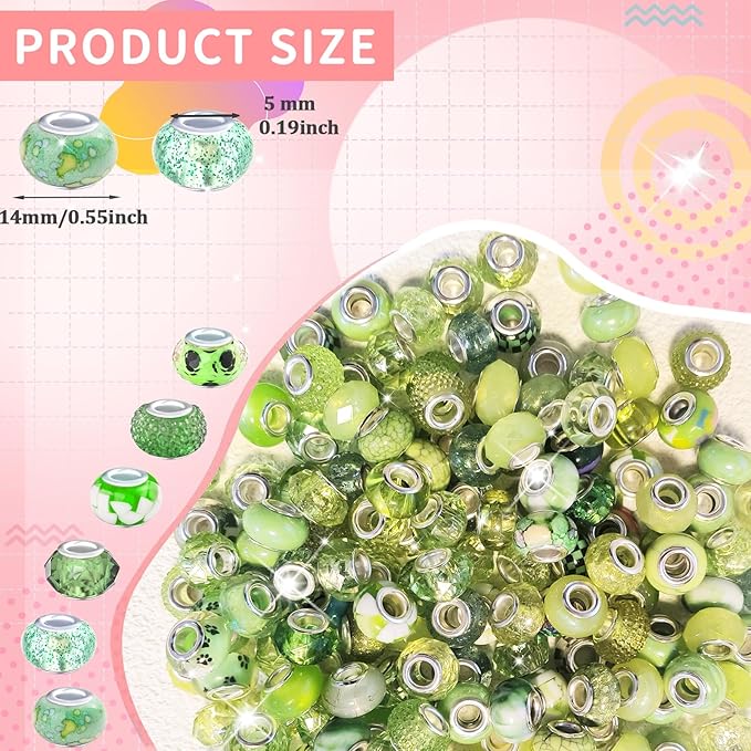 Large Hole Green European Beads for Pens - 100 Pieces Assorted Fairy Wand Garden Lampwork Craft Spacer Beads for DIY Charms Bracelet Necklace Decoration Jewelry Making Supplies