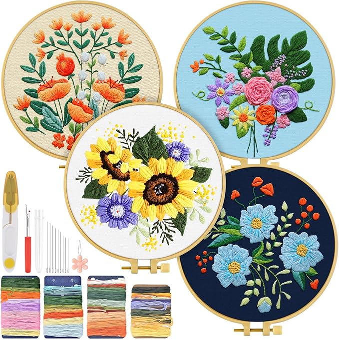 TINDTOP 4 Sets Embroidery Kit for Adults, Floral Embroidery Practice Kit for Beginners Include Embroidery Cloth Hoops Threads for Craft Lover Hand Stitch with Embroidery Skill Techniques