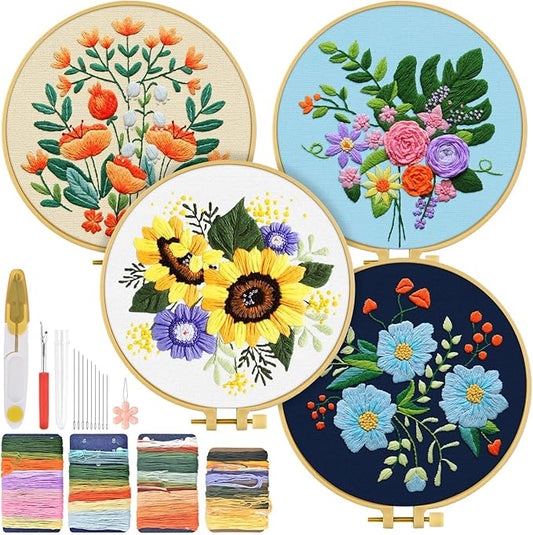 TINDTOP 4 Sets Embroidery Kit for Adults, Floral Embroidery Practice Kit for Beginners Include Embroidery Cloth Hoops Threads for Craft Lover Hand Stitch with Embroidery Skill Techniques