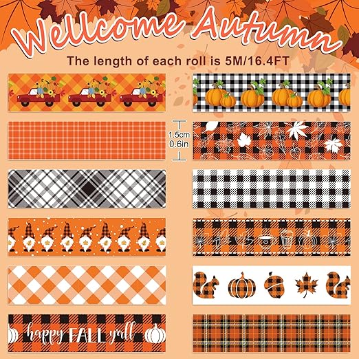 Whaline 12 Rolls Fall Plaid Washi Tapes Colorful Buffalo Plaid Autumn Pumpkin Truck Maple Leaves Gnome Pattern Masking Tape Decorative Tape for Fall Scrapbook Journal DIY Craft Gift Wrapping, 0.6Inch