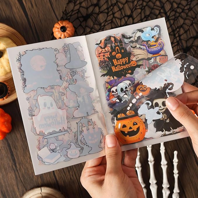 Halloween Sticker Book, 40 Sheets 240 PCS Halloween PET Stickers, Aesthetic Decorative Waterproof Holiday Scrapbook Stickers for Scrapbooking, Journaling, DIY Crafts and Planner Supplies