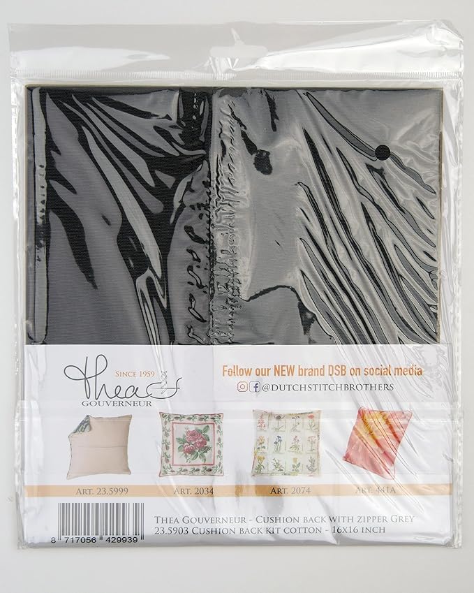 Thea Gouverneur Cushion Back Kit with Zipper - Grey - for Any 16x16 Inch (40x40cm) Cushion- Cross Stitch Creations - Embroidery - Embroidery Kit for Adults - 23.5903