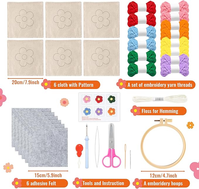 WATINC Flower Punch Needle Coaster Kit - 22Pcs Crafts Punch Needle Coasters Kits for Beginners, Flower Patterns Tufted Rug Pads with Adhesive Felt Yarns Embroidery Hoop Instruction