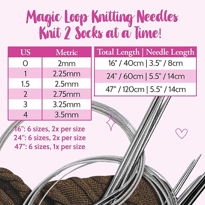 KnitPal 47-in(120cm) Stainless Steel Circular Knitting Needles Set - Magic Loop Sock Knitting Needles - 6 US Sizes: 0/2mm, 1/2.25mm, 1.5/2.5mm, 2/2.75mm, 3/3.25mm, 4/3.5mm - Free Patterns & eBook