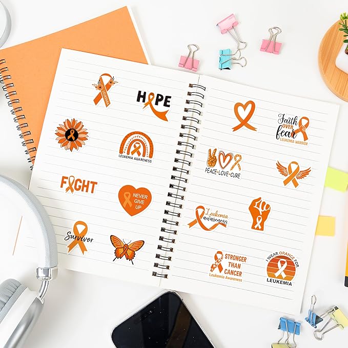 beyumi leukemia awareness orange sticker - 1000pcs in 2 rolls leukemia themed sticker with various shapes waterproof vinyl orange ribbon decals for school event campaign laptop bottle decor kids teens