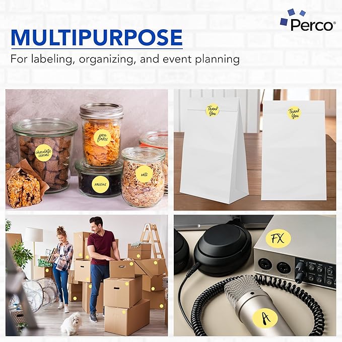 perco metallic gold 2-inch perforated circle dot sticker labels — 250 round stickers per roll — with permanent adhesive for awards, product seals, gift packaging, event marking & more — made in usa
