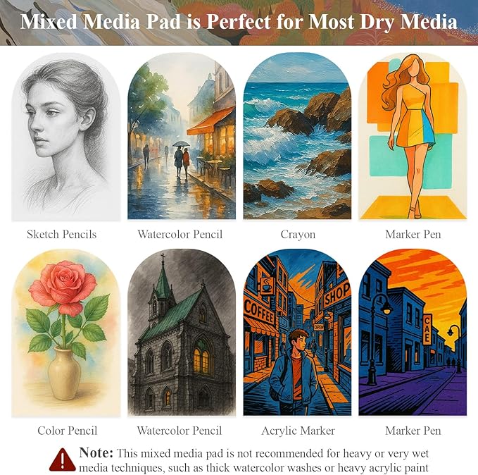mixed media sketchbook 9" x 12", 60 sheets each (98lb/160gsm), 2 pack, heavyweight drawing papers, top spiral bound hardcover sketchbook, for wet and dry media, drawing, painting