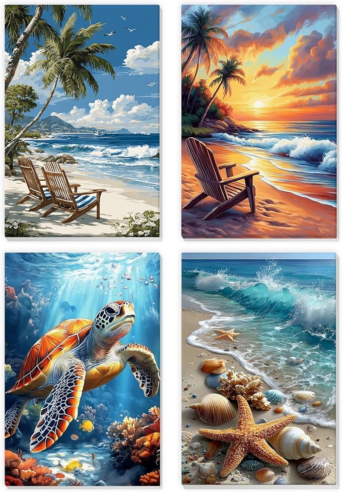 NEWENMO 4 Pack Paint by Numbers for Adults with Wooden Framed, Beach Sunset, Paint by Number Kits on Canvas for Beginner, DIY Acrylic Oil Painting Kits for Home Decor 8x12 inch, Sea Turtle