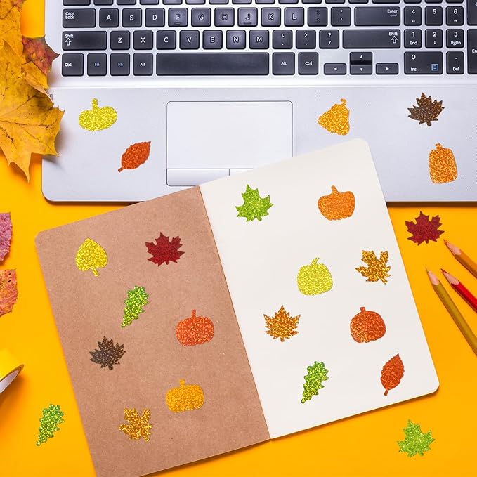 beyumi falll pumpkin leaves sticker - 1000pcs fall laser pumpkin maple leaves stickers in 2 rolls holographic sparkly glitter autumn thanksgiving adhesive decal gift party envelope decor for kids
