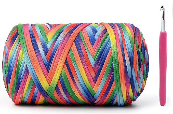 Elastic Fabric T Shirt Yarn for Crocheting，Beginner Crochet Yarns with Polyester Spandex Blend,Total 400g/114yds Soft Tshirt Yarn for Crochet Crafts/Bags/Baskets（Rainbow）