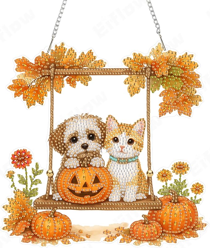Eiflow Acrylic Diamond Art Hanging Kit for Adults Thanksgiving Fall, DIY Diamonds Painting Door Hanger Board Kit, Special Crystal Diamond Art Painting Pendant Ornament