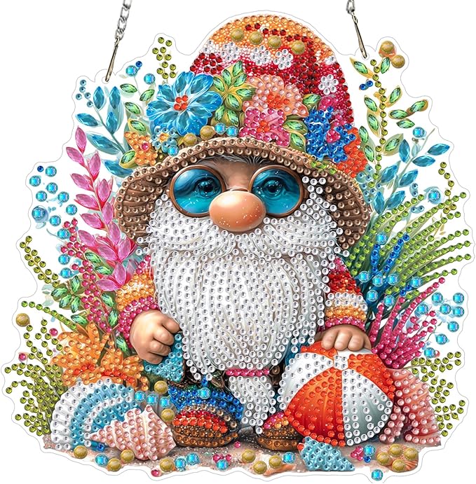 Lxmsja DIY Cute Little Gnome Diamond Painting Hanging Ornament, Double-Sided Acrylic Beach Seashells Diamond Art Kit, Special Shaped Suncatcher Hanging Pendant Window Art Kit