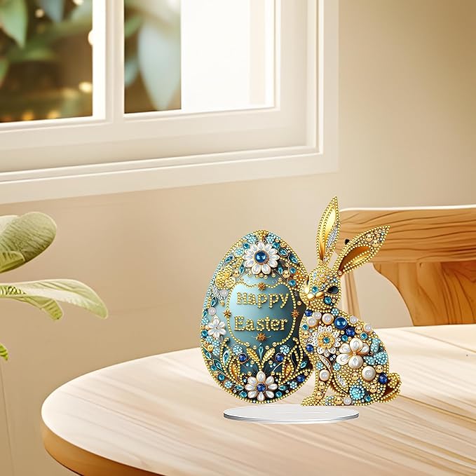 JJFox DIY Tabletop Diamond Art Painting Kit，Desktop Ornament Special Shaped Rhinestone Desk Placement Ornament，Home Stand Up Gem Painting Craft Kit Gift Double Sided (Easter Bunny)