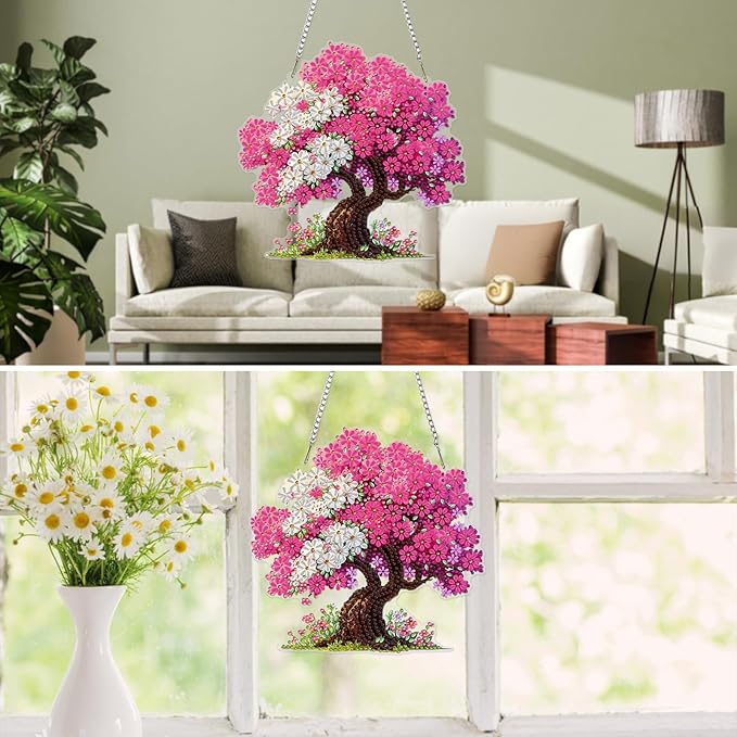 MXJSUA Flower Tree Diamond Art Hanging Kits for Adults Beginners, DIY Acrylic Special Shaped Crystal Flowers Diamond Gem Art Pendant Drills Painting Ornament for Home Wall Decor and Gift