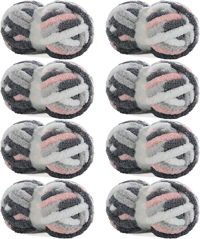 HOMBYS Chunky Tie Dye Mix Chenille Yarn for Hand Knitting, Super Bulky Jumbo Yarn for Crocheting, 3/4" Thick Soft Plush Yarn for Blankets, 8 Skein Pack (26 yds / 7.5 oz Each) Grey White Pink