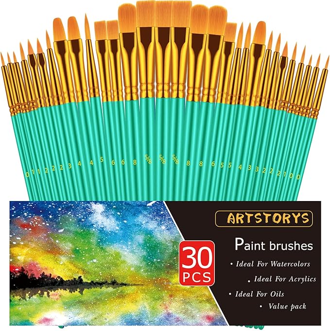 Paint Brushes Set, 30 Pcs Paint Brushes for Acrylic Painting, Oil Watercolor Acrylic Paint Brush, Artist Paintbrushes for Body Face Rock Canvas, Adult Drawing Arts Crafts Supplies, Green