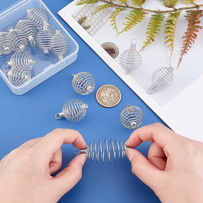 PH PandaHall 15 Pcs Stainless Steel Wrap-Around Spiral Round Bead Cages Pendant Charm 32x19mm for Jewelry Making