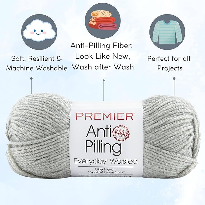 Premier Yarns Everyday Anti-Pilling Solid Cloudy Day DN100-72 (3-Skeins - Same Dye Lot) #4 Worsted Weight Acrylic Yarn for Crocheting and Knitting with Project Bag