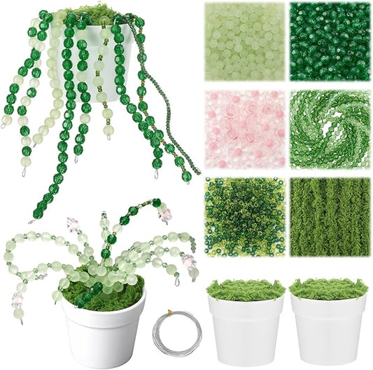 Hoolerry 2 Sets DIY Beaded Plant Kits 2.5 Inch Mini Beads and Planter Making Kit Crafts Desktop Vase Decor Green Beads Succulent Flower Kit Ornaments for Home Decor Plants Lover Handmade Gifts (White)