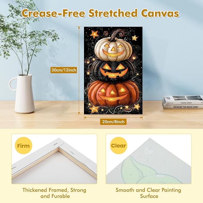Bowetile Halloween Framed Paint by Numbers for Adults, Adults' Paint-by-Number Pumpkin Kits on Canvas, Easy Acrylic Number Painting Crafts Kits Halloween Gifts for Home Decor, 8x12in