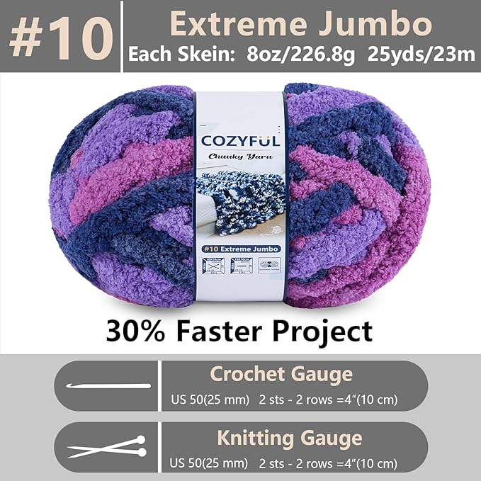 Chunky Yarn for Hand Knitting - #10 Chunky Chenille Blanket Yarn, Jumbo Big Thick Chunky Yarns for Crocheting, Tie Dye Bulky Knit Yarns, 8 Skein (25 yds 8 oz Each Skein), Multi Purple