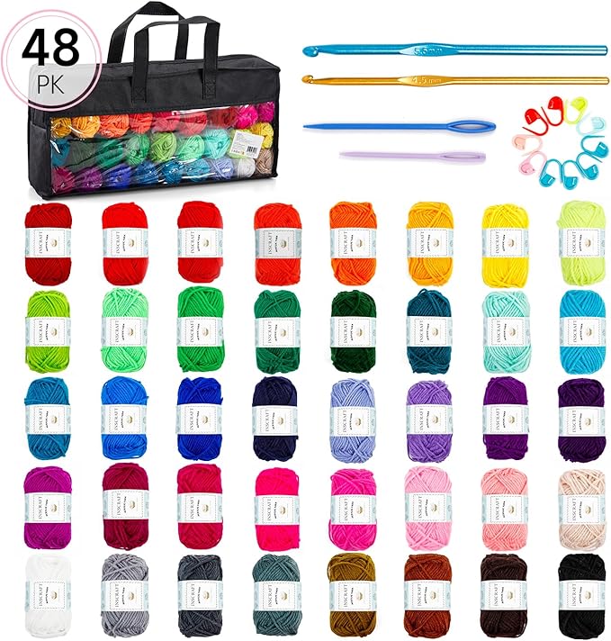 INSCRAFT 48 PCS Crochet Yarn Kit, 1400 Yards 40 Colors Acrylic Yarn Skeins, 2 Crochet Hooks, 2 Weaving Needles, 4 Stitch Markers, 1 Bag, for Crocheting & Knitting, Gift for Beginners and Adults